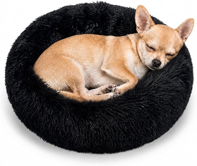 Tiny Dog Bed for Extra Small Dogs for Chihuahua Pomeranian Toy Poodle | 15 Inch Washable Puppy Bed,Soft Faux Fur Calming Donut Bed,Black