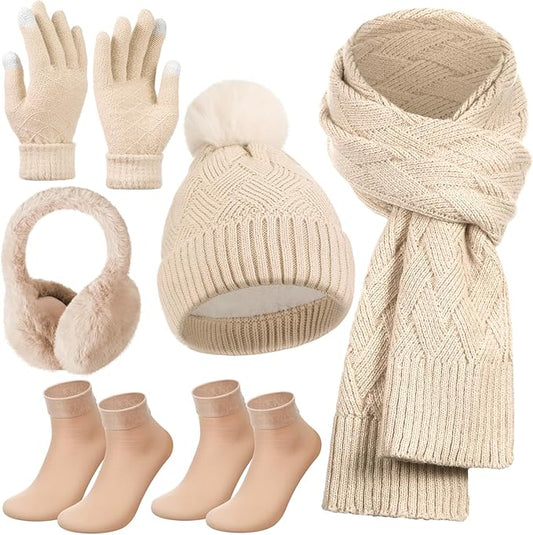 Geyoga 6 Pcs Winter Warm Set for Women Warm Beanies Hats Touchscreen Gloves Long Scarf Ear Muffs Socks Winter Gifts for Women