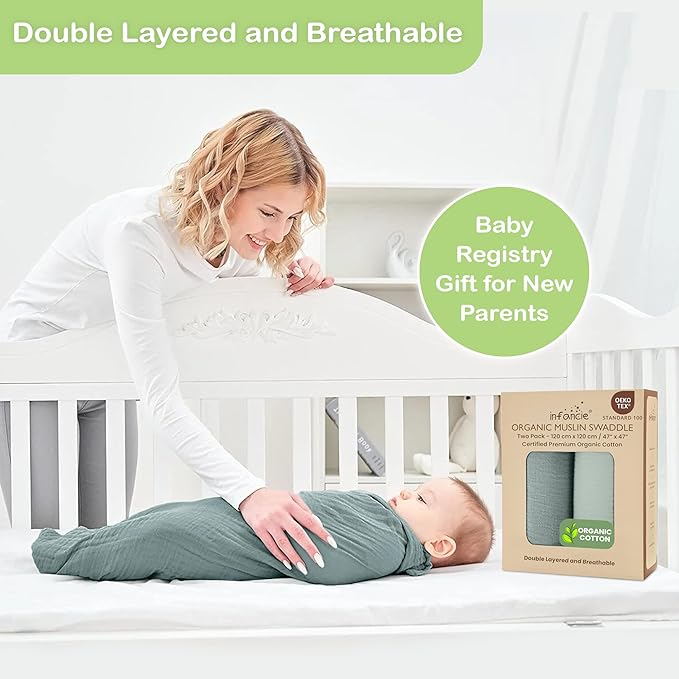 Organic Cotton Muslin Baby Blanket - 47x47 Inch Breathable Swaddle, Hypoallergenic Double-Layer, Versatile Use (Green/Mint Green, 47x47 Inch)