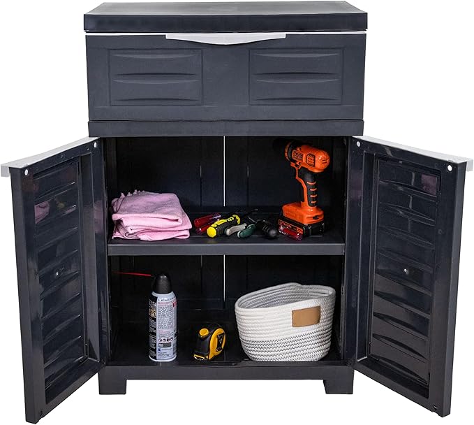 Sunnydaze 34.5" H Resin Garage Storage Cabinet - Garage Cabinet with Adjustable Shelf - Freestanding Utility Storage for Laundry Room, Office, Basement - Charcoal