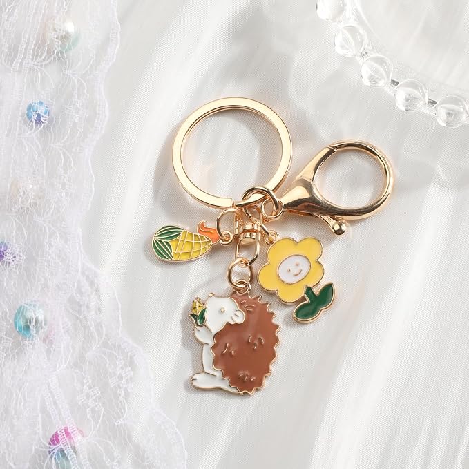 Hedgehog Keychain with Flower Thanksgiving Keycharm with Wheat Unique Animal Keyring for Women Farm Keychains Gifts