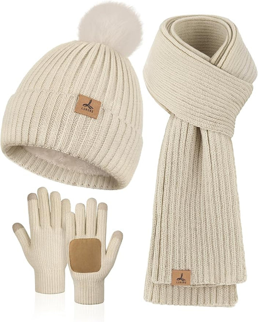 LOROME Women Winter Beanie Hat Scarf Gloves Set, Fleece Knitted Pompom Hat Warm Neck Scarf Touchscreen Gloves Winter Gift