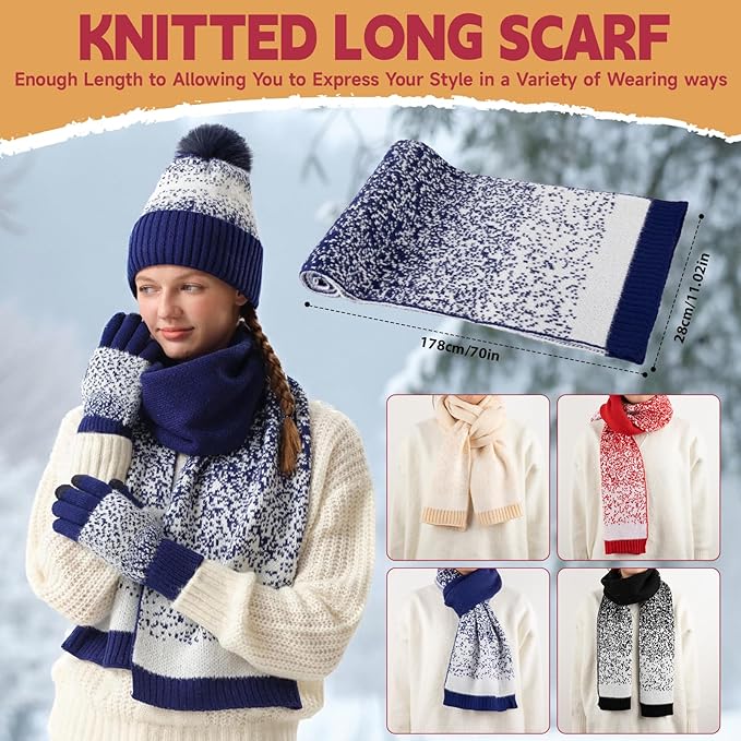 Womens Winter Beanie Hat Scarf Gloves Fuzzy Socks 4 In 1 Set Thermal Fleece Knitted Hat Warm Long Scarf Cold Weather