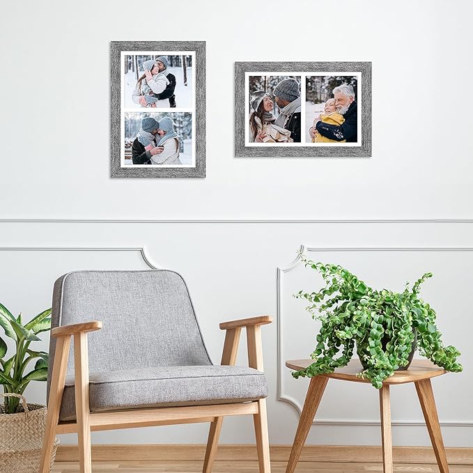 11x17 Picture Frame Display 2 opening 8X10 Double Picture Frame Collage,Multi Photo Frame with Mat,Plexiglass,Wall Mount Decor,Grey Wood Grain