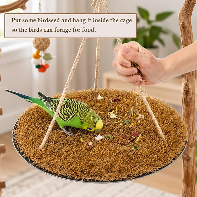 FlidRunest Yellow Large Bird Foraging Mat, Natural Bird Grass Hammock Swing Toy with Hooks, Climbing Perch Hanging Toy for Parakeets, Parrot, Cockatiels, Bearded Dragon