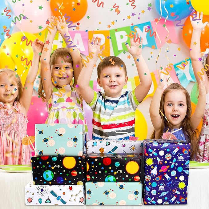 Space Wrapping Paper Birthday Wrapping Paper for Boys Girls,Gift Wrapping Paper Kids with Blue White Navy Birthday Paper for Present Wrapping Paper Sheets with Galaxy Spaceship Birthday Gift Wrap Set (6 Sheets 28"Lx20"W per Sheet)