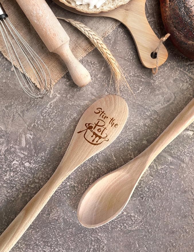Funny Stir the Pot Wooden Spoons for Cooking, Salad Mixing Stir Serving Spoon, Engraved Wood Spoons Kitchen Decor Accessories Valentine's Day Gifts for Woman Chef Grandma