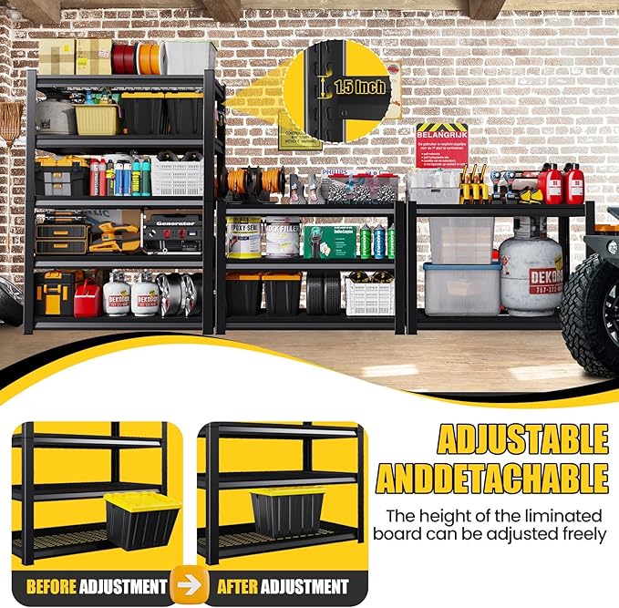 5-Tier Garage Shelving Heavy Duty, 2500LBS Garage Shelves, Adjustable Metal Shelving Unit, Garage Storage Shelves, Utility Storage Rack Shelf, Shelves for Garage Storage, 72" H×36" W×15.7" D