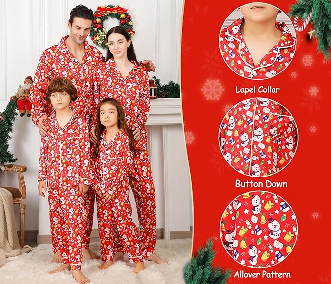ANGELGGH Family Christmas PJs Matching Sets 2 Pcs Festival Party Pajamas Holiday Warm Sleepwear Couples Button Loungewear