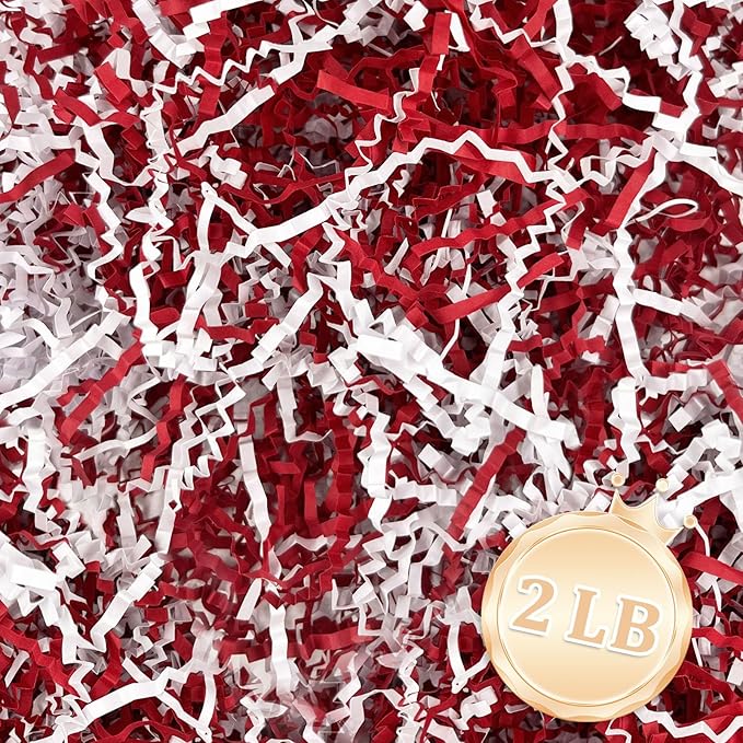 Zankubom 2 LB Crinkle Cut Paper Shred Filler Great for Gift Wrapping, Basket Fillers, Birthday, Gift Wrapping, Anniversary, Halloween Christmas Party Decor Filling Supplies Red　White