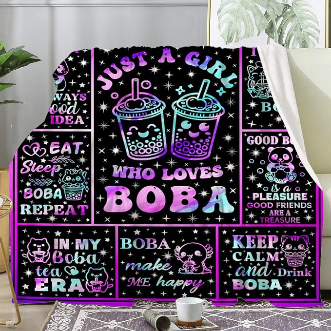 Bubble Tea Blanket Just A Girl Who Loves Boba Decor Stuff Plush Flannel Bedding CBubble Tea Gifts for Girls Women Kids Adults Room Decor 50"X40"