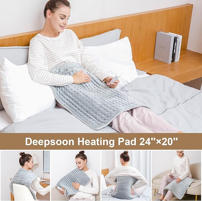 Deepsoon Heating Pad,Electric Heating Pads for Back,Neck,Abdomen,Moist Heating Pad for Shoulder,Knee,Arms,Legs,Dry/Moist Heat & Auto Shut Off,Christmas Gifts for Men and Women,Light Gray,24x20 Inch