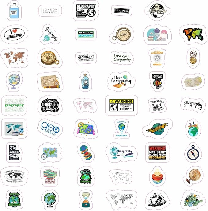 100Pcs Geography Stickers for Water Bottle and Laptop - Geography Party Supplies & Decorations, Waterproof Vinyl Decals, Maps and Landmarks Stickers, Gifts for Women & Men