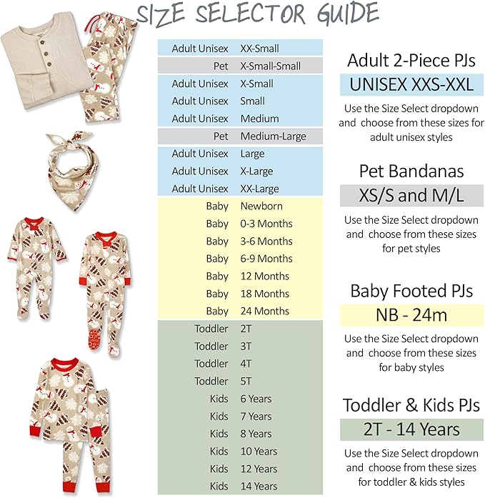 JAMIE Matching Family Jammies Holiday Pajamas 100% Organic Cotton PJs Adults, Kids, Toddlers, Baby, Pets