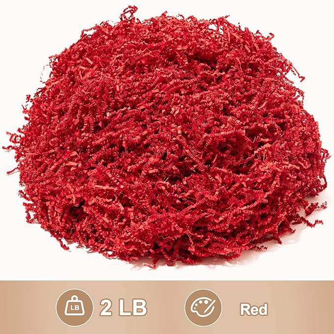 Wowxyz 2 LB Crinkle Cut Paper Shred Red Crinkle Shredded Paper - Gift Box Baskets Bag Filler - Confetti Stuffing for Birthday, Holiday Gift Packaging Wrapping
