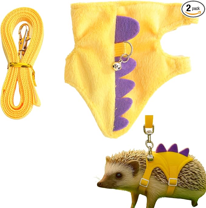 Adjustable Hedgehog Leash and Harness with Safe Bell, Dinosaur Shaped Harness Leash for Training Playing, Hamster Clothes for Ferret Guinea Pig Hamster, Hedgehog Accessories (Yellow)