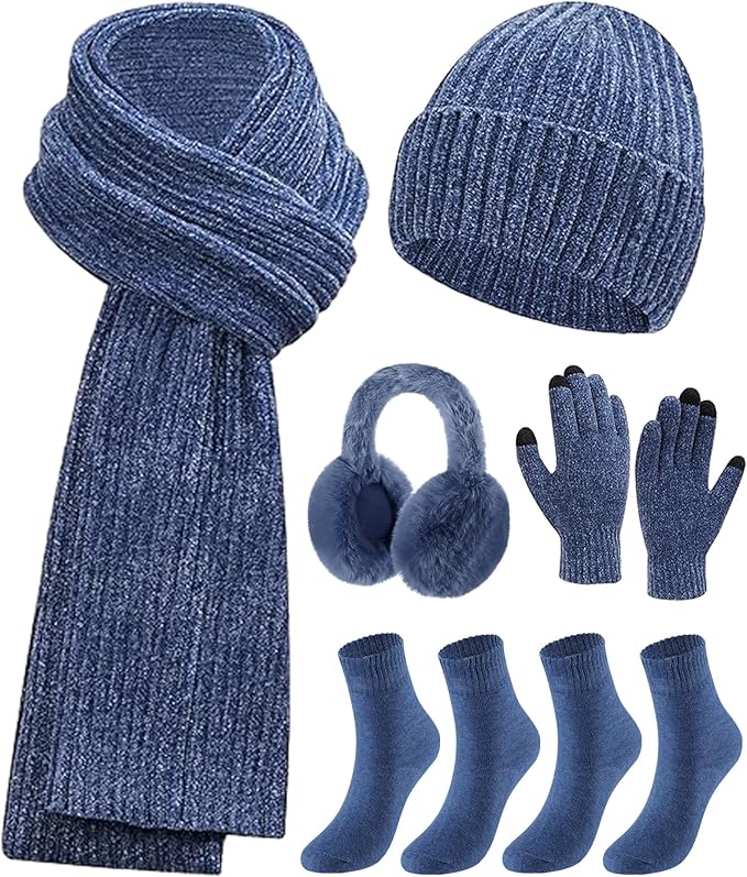 Geyoga 6 Pcs Winter Knit Set Beanie Hat Long Scarf Touchscreen Gloves Ear Muff Socks Warm Valentine Gift for Women Men Snow(Blue,Classic Style)