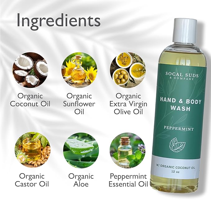 SoCal Suds & Company - 12oz Organic Soap Liquid, Gentle Hand & Body Wash, Organic Body Wash for Men and Women, Made w/Organic Oils & Coconut Oil, Bath Essentials for All Skin Types - 2pk Peppermint