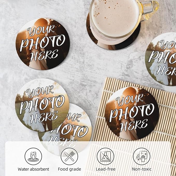 Custom Coasters, Personalized Ceramic Coasters with Photo Logo Text, Customized Cup Mat for Weddings, Bars, Coffee Table, Homes, Offices 6PCS