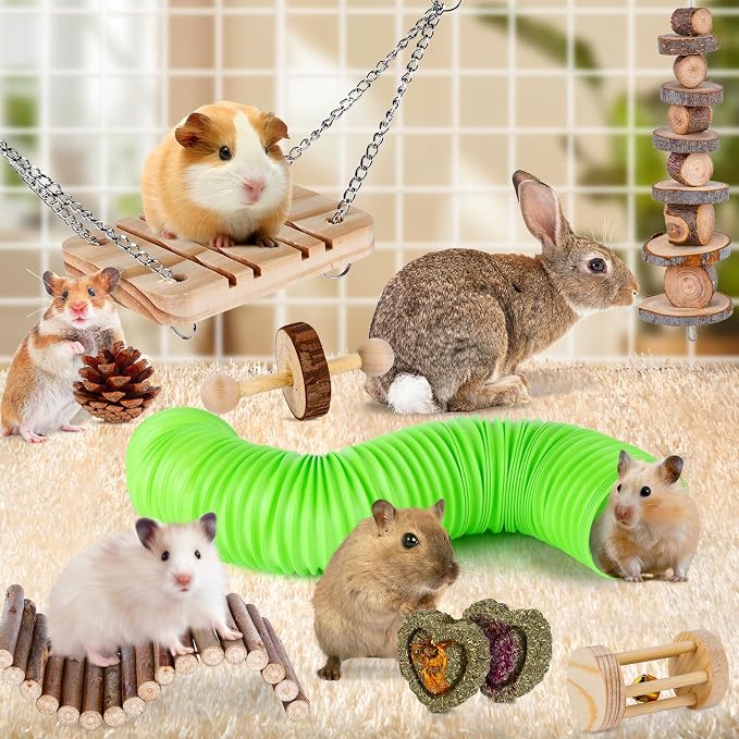 Hamster Toys Set, Guinea Pig Toys Bunny Small Animal Chewing Toy for Cage | Chinchillas, Gerbils, Rats, Rabbit Rodents Teeth Care Toys, Apple Wood Timothy Hay Mouse Toy Swing Seesaw Bridge