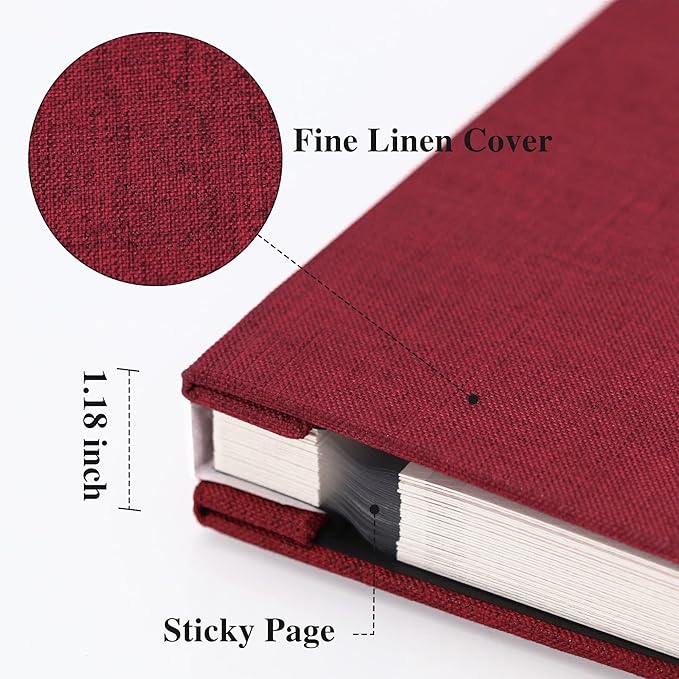 Vienrose Large Photo Album Self Adhesive for 4x6 8x10 Pictures Linen Scrapbook Album DIY 60 Blank Pages with A Metallic Pen Red