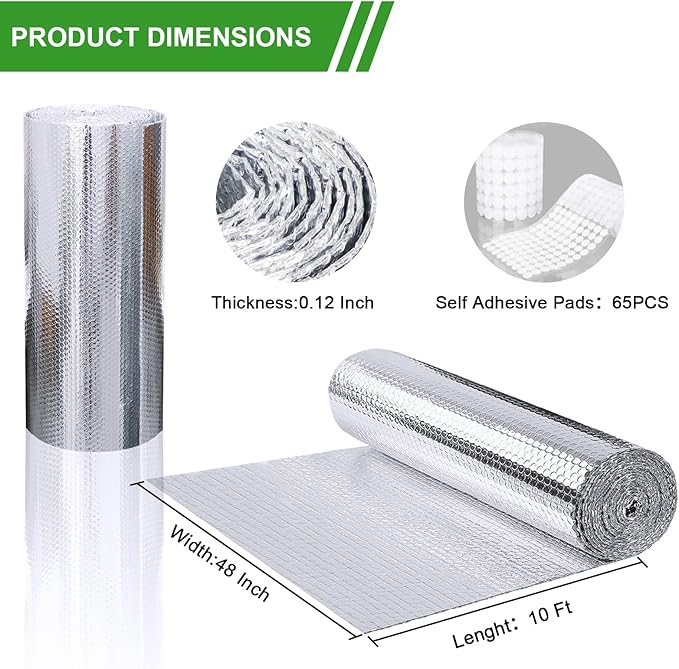 Reflective Insulation Foam,48" x 10 Ft Window Insulation for Summer Heat,Aluminum Foil Bubble Insulation Roll for Keep Heat,Window Insulation Kit for RV, Thermal Insulation Cover for Window.