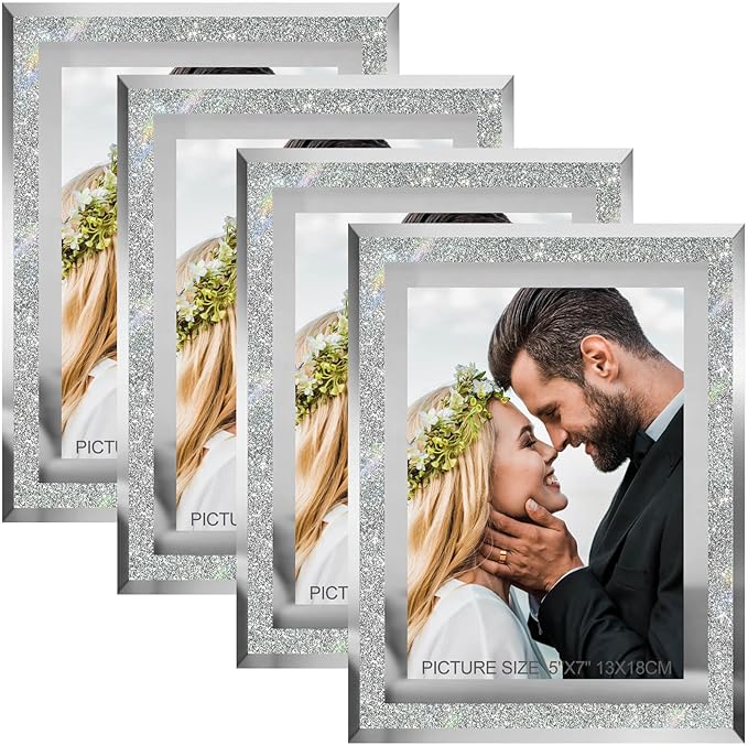 5x7 Picture Frames Silver - Set of 4, Sparkle Real Glass 5 by 7 Photo Frame Mirrored Edge Great Gift, for Tabletop Display, Wedding Birthday Christmas Day Gifts (5 x 7, Glitter Silver)
