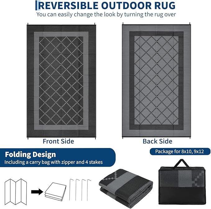 Outdoor Patio Rug 9x18 Waterproof Plastic Reversible Rug Modern UV Resistant Foldable Camping Mat Contemporary Geometric Outdoor Floor Mat for RV Backyard Deck Black/Grey