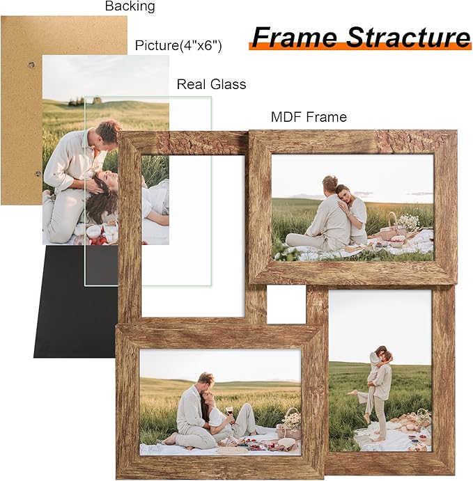 4x6 Collage Picture Frames Set of 1, Multi Family Photo Frame with Real Glass, Displays Four 4x6 Photo, Wall Decor Wall Hanging or Tabletop, Distressed Brown