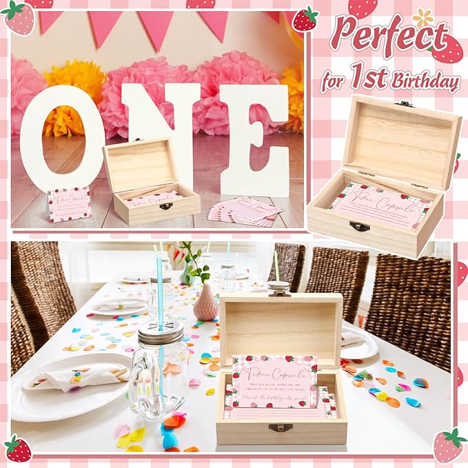 Fuutreo Time Capsule Box 1st Birthday Baby Time Capsule First Birthday Party Games, 1st Activities for Guests, Advice and Wishes Cards Gift Keepsake for Baby Shower Party Supplies(Strawberry)