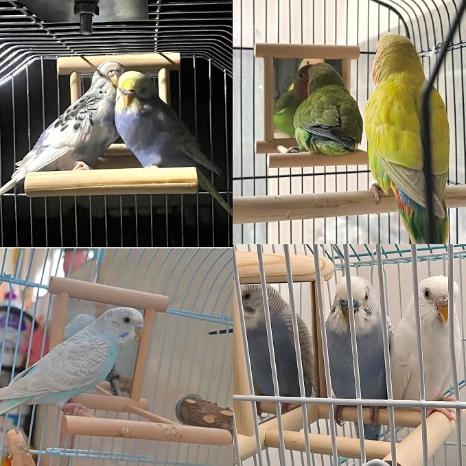 Bird Mirror Parakeet Mirror Perch Stand Wooden Swing Mirror Toy Cage Accessories for Cockatiel Parakeet Budgie Lovebird Small Parrots