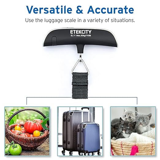 Etekcity Luggage Scale, Travel Essentials, Digital Suitcase Weight Scales for Travel Accessories, Hanging Baggage Scale with hook, 110 Pounds, Battery Included, Silver