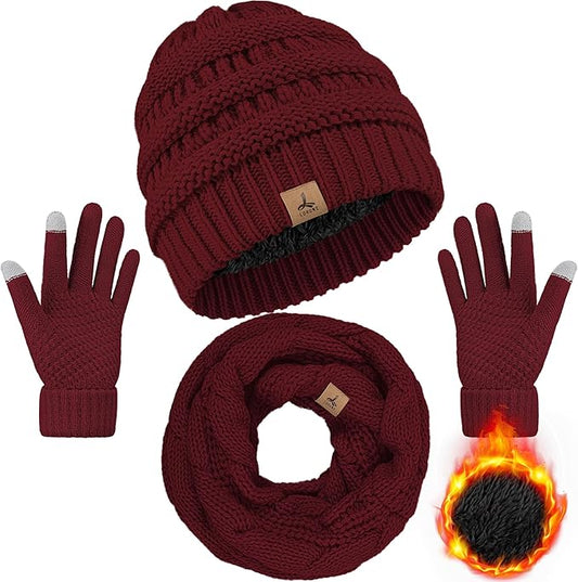 Winter Beanie Hat Scarf Gloves, Warm Fleece Knit Hats Touch Screen Gloves Neck Scarf Set Winter Gifts for Unisex Adult