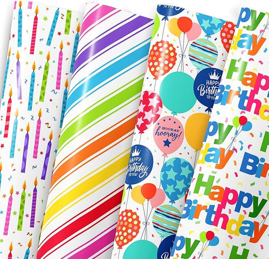 Birthday Wrapping Paper Sheet - 12 Sheets Folded Flat Gift Wrap with “Happy Birthday” Candles, Balloons, Colorful Stripes for Party, Baby Shower - 20 X 28 Inch Per Sheet