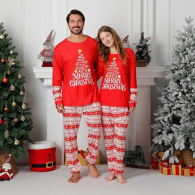 Family Christmas PJs Matching Sets, Cute Holiday Pajamas Printed Top and Pants, Xmas Jammies for Couples/Men/Women