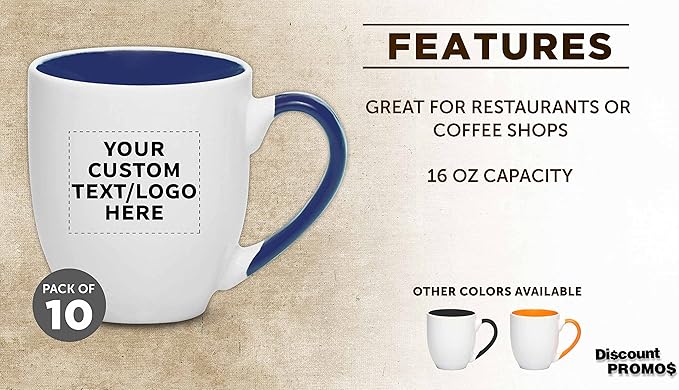 Custom Bistro Style Large Coffee Mugs 16 oz. Set of 10, Personalized Bulk Pack - Perfect for Coffee, Tea, Espresso, Hot Cocoa, Other Beverages - Cobalt Blue