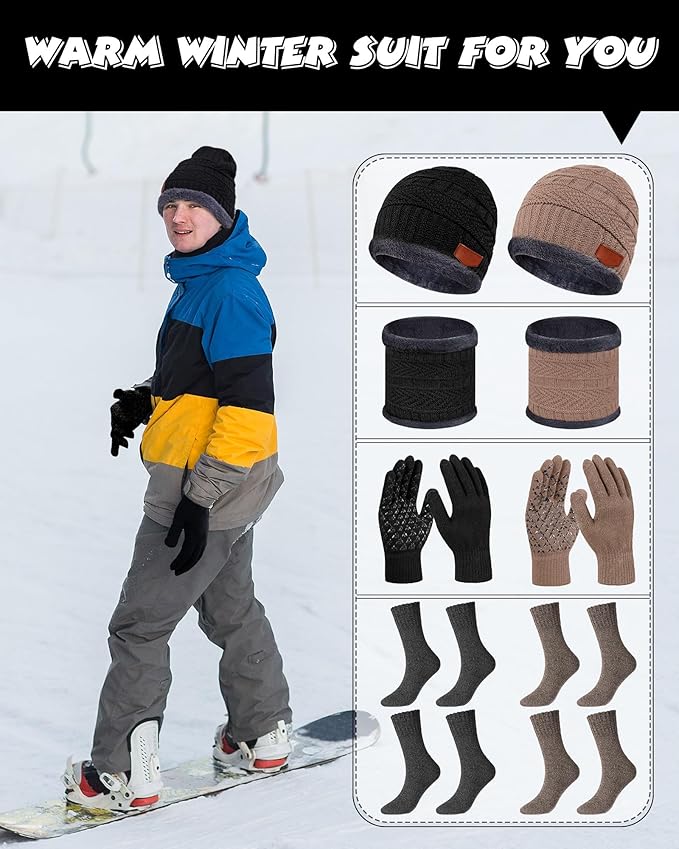 10 Pieces Winter Hat Beanie Scarf Touch Screen Gloves and Sock Set Slouchy Knit Skull Cap Beanies Fleece Lining Neck Warmer