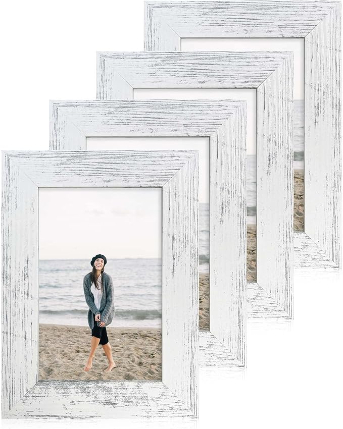 iRahmen 4x6 Picture Frame Set of 4, High Definition Glass Distressed White Frame, 4 x 6 Wood Photo Frames for Tabletop Display and Wall Mounting