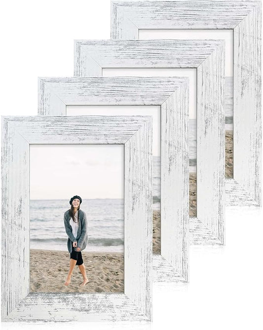 iRahmen 4x6 Picture Frame Set of 4, High Definition Glass Distressed White Frame, 4 x 6 Wood Photo Frames for Tabletop Display and Wall Mounting