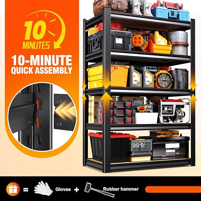 46''W Storage Shelves,3000LBS Garage Shelving,Adjustable Garage Shelves,Heavy Duty Metal Shelving, 5 Tier Wood Utility Steel Shelf, Easy-to-Install Shelving Units and Storage Rack for Kitchen