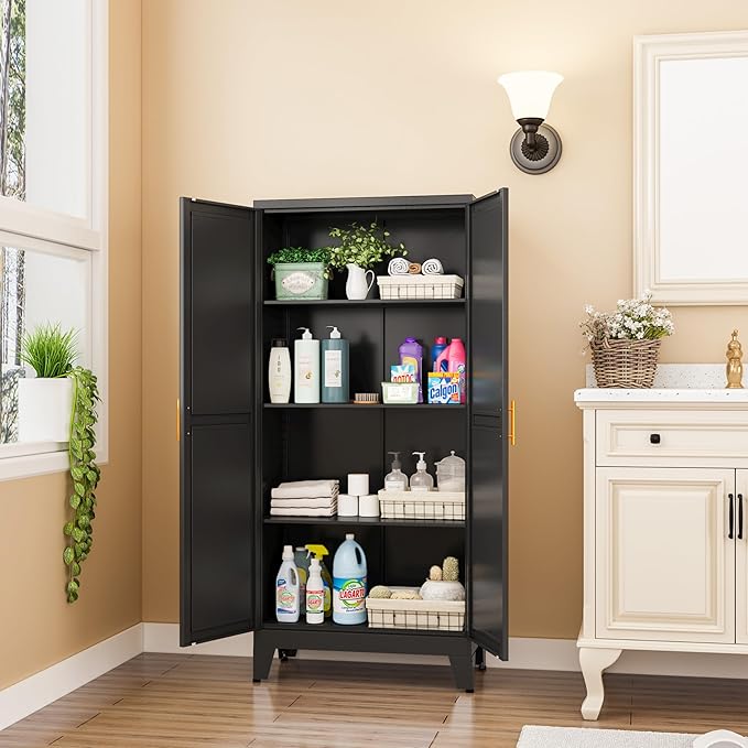 GAIOUS Metal Storage Cabinet With 2 Doors and 3 Adjustable Shelves, Black Kitchen Pantry for Food, Utility Cabinet for Laundry Room, Cupboard