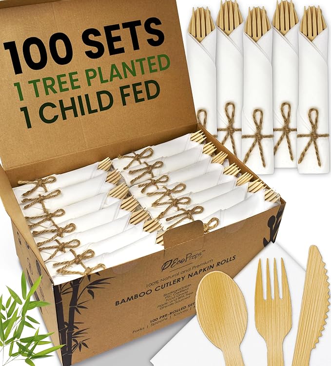 Premium Pre-Rolled Napkin and Bamboo Cutlery Set (100 Pack, 400 PCS) 100% Biodegradable, Eco-Friendly, Disposable Wrapped Cutlery - Includes Pre-Wrapped Bamboo Forks, Knives, Spoons, Napkins