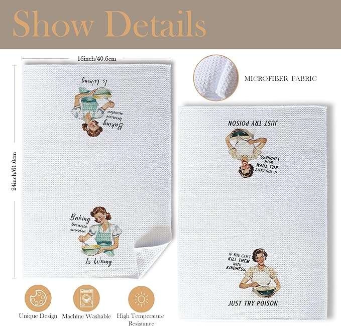 Funny Retro Baking Kitchen Towels, Gifts for Baking Lovers Dish Tea Towels for Kitchen, Hostess Gifts for Women, Sarcastic Gift Decorative Hand Towel, 16x24 Inch Set of 2