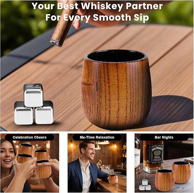 Charred Wooden Bourbon Drinking Glasses Set of 2 – Wooden Whiskey Tumblers & Old Fashioned Glasses | Whisky Glass Sets | Whiskey Gifts for Men, Dad & Birthday, Christmas, Anniversary