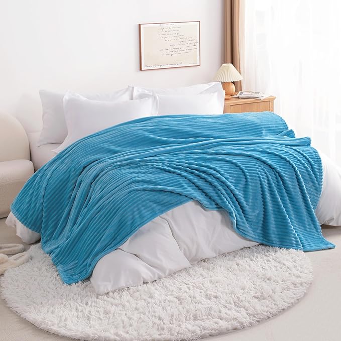 NTBAY Plush Flannel Twin Bed Blanket, 60x80 Inches Soft and Warm Lightweight Bed Blanket with Striped Texture for Couch, Sofa, All Seasons, Blue