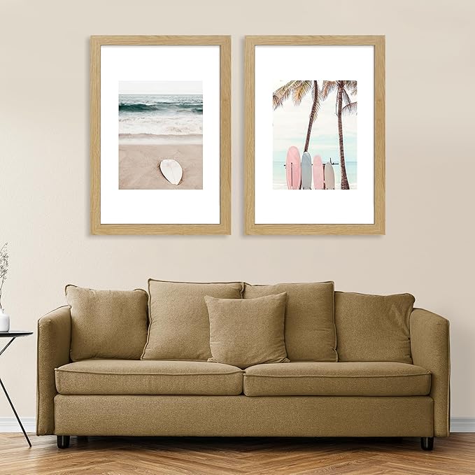 12x18 Frame Set of 2, Natural Oak Wood Style, Display 12 x 18 Poster without Mat or 8.5x11 Picture with Mat, Wall Mounting Horizontal and Vertical