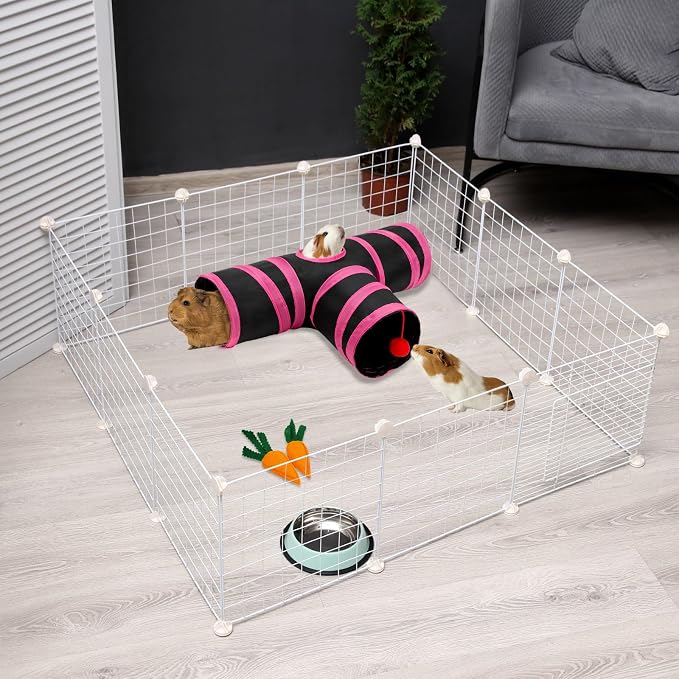 Rypet Guinea Pig Tunnel Hideout 3-Way Collapsible Pet Tubes, Red Black | 3 Way Design for Exploration, Collapsible for Easy Storage, Built-in Play Ball, Hiding & Resting for Hamsters Ferrets