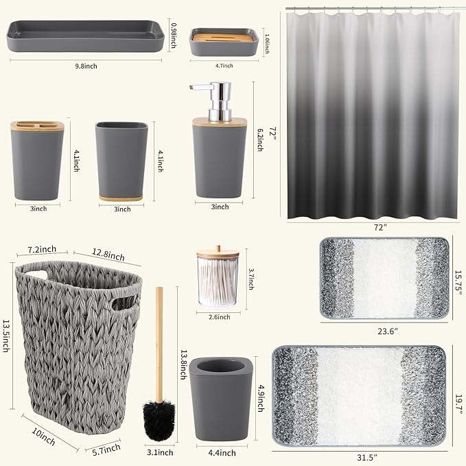 Grey Bathroom Accessories Set with Wicker Trash Can Shower Curtain and Rugs,Bathroom Sets Small Waste Basket Bathroom Trash Can for Bedroom Bathroom