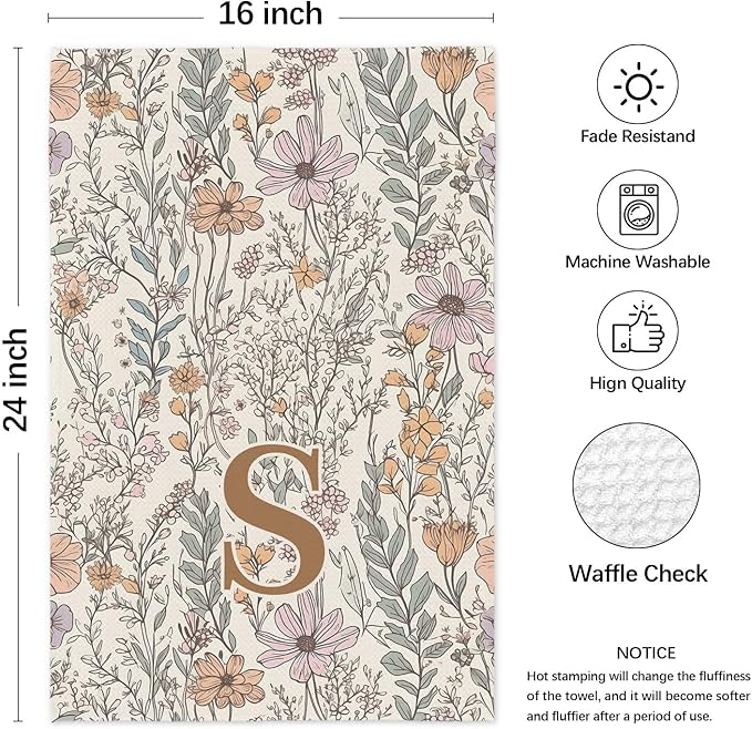 Initial S Personalized Floral Kitchen Towels Dish Towel, Custom Hand Towels for Bathroom, Monogrammed Gifts for Women Mom, Boho Floral Decorative Kitchen Towels Tea Towel, 16x24 Inch