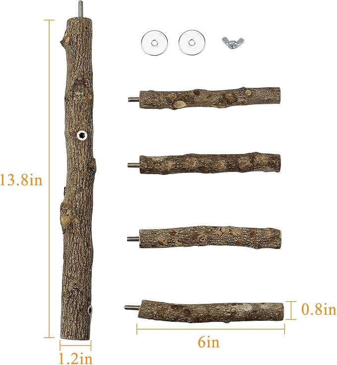 Bird Perch Stand Toy Natural Wood Bird Cage Branch Perch 14 Inch | Natural Wood Perch Stand w/ 4 Branches Bird Cage Inside Accessories Bird Toy for Parakeet Cockatiel Conure Finches Love Birds